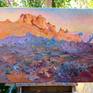 The artwork gallery wrapped on wooden bars. It is painted on oil-primed linen, has a wire, and can be displayed right out of the box.
Evening sunlight in the desert saturates colors of dramatic-looking rocks. Pink-Orange light and purple shades together create an amazing contrast showing the beauty of the Californian desert.