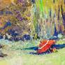 The painting is on oil-primed linen, and I use exceptionally the finest quality oil paints.
Bright, Hot Summer day in the park, next to the river. Green surrounding and red umbrella together create a beautiful environment, 
If you have more questions, please feel free to ask.
Best,
Suren