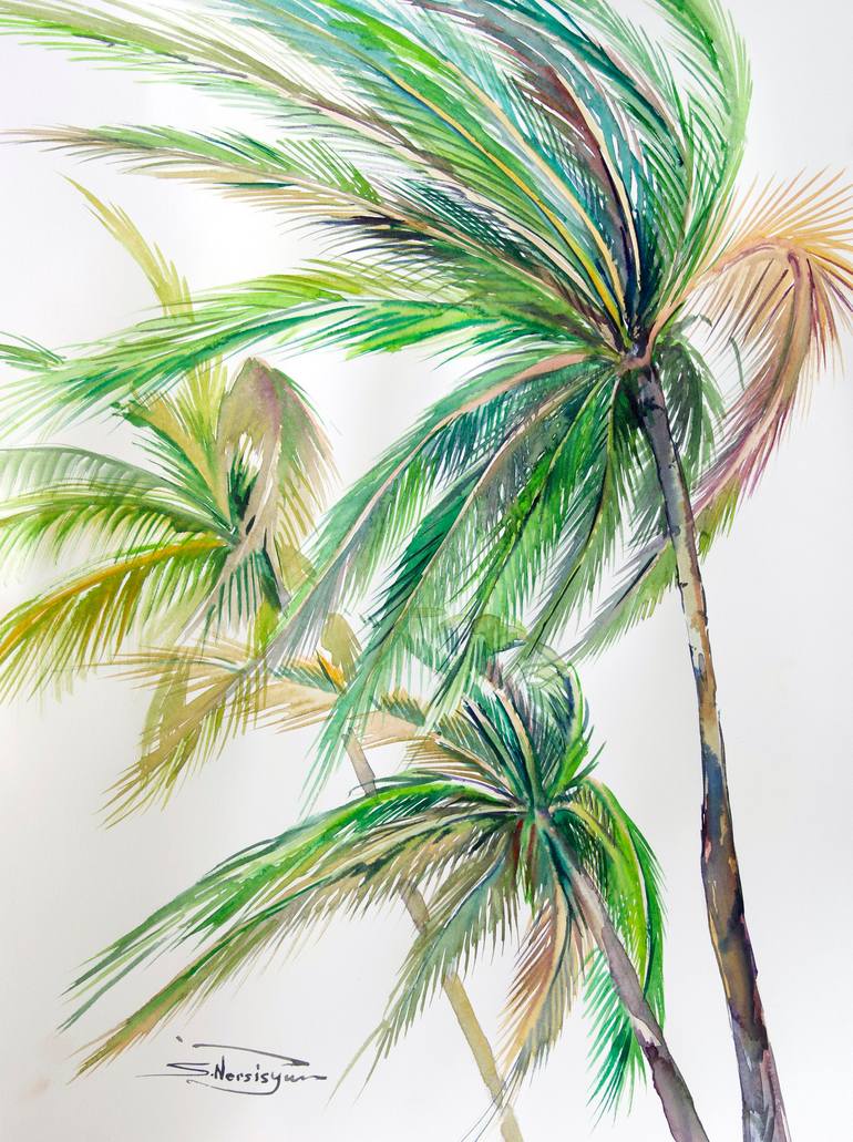 Wind on tropical Island, Coconut Palms Painting by Suren Nersisyan ...