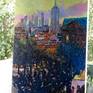 The big city- New York is about to wake up from the night. That moment when the sun did not come out yet, but life starts to appear on the streets. Textured yellow-Green and pink-purple contrast make it look for of life. The beauty of New York always inspires me.
The artwork is on a thick wooden frame, sides are painted white. It has a wire and can be displayed even with no frame.