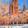 Warm colors of Beautiful Smithsonian Castle and Trees in contrast with sunny blue sky and snow together look very harmonic. Thick, textured brushstrokes provide a dynamic sense of life, making colors more " alive" and "expressive".
  The artwork is on oil-primed Belgian linen, sides are white, it has a wire and can be displayed even with no frame.