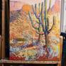 I used thick, expressive brushstrokes and texture to indicate the beauty of the desert. Two, large Saguaro Cactuses standing in the desert. Warm, bright colors bear the beautiful energy of the desert.
The painting is on oil-primed linen. It has a wire and can be displayed even with no frame.
