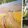 textured brushstrokes indicate the beauty of the fall in vineyards. Grapevines with their golden yellow colors in contrast with blue sky and purplish mountains together look in harmony.
The artwork is on a gallery wrapped wooden bar, sides are painted white, it has a wire and can be displayed even with no frame, just from out of the box.