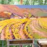 textured brushstrokes indicate the beauty of the fall in vineyards. Grapevines with their golden yellow colors in contrast with blue sky and purplish mountains together look in harmony.
The artwork is on a gallery wrapped wooden bar, sides are painted white, it has a wire and can be displayed even with no frame, just from out of the box.