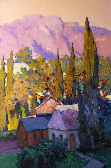 Mediterranean Landscape with Cypress Trees, Early Evening thumb