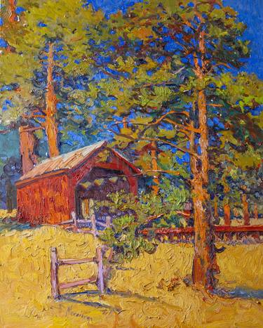 Red Barn and Pine Trees thumb