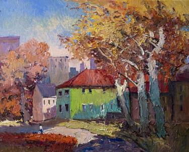 Landscape with Green House and Fall Trees thumb