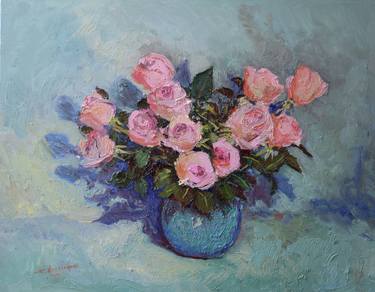 Pink Roses with Turquoise Background thumb