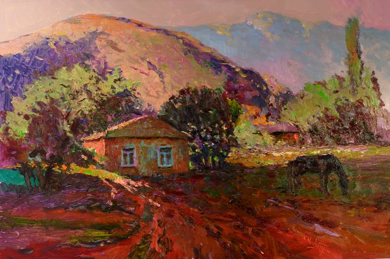 Original Landscape Painting by Suren Nersisyan | Expressionism Art on Canvas | Farmouse and the Horse, Evening Landscape