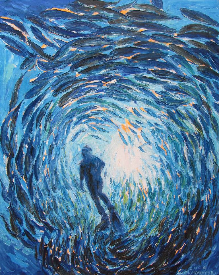 Diver in a school of fish Painting by Agnieszka Praxmayer