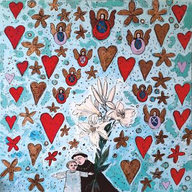 ”SAINT ANTHONY AND JESUS CHILD IN BLUE SKY WITH OVERSIZE LILY, FLYING HEARTS AND ANGELS WITH GOLDEN WINGS” thumb