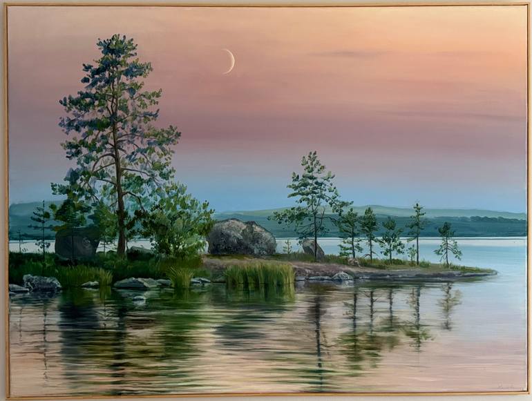 Original Nature Painting by Kassa Ro | Other Art on Canvas | Crescent moon over the lake