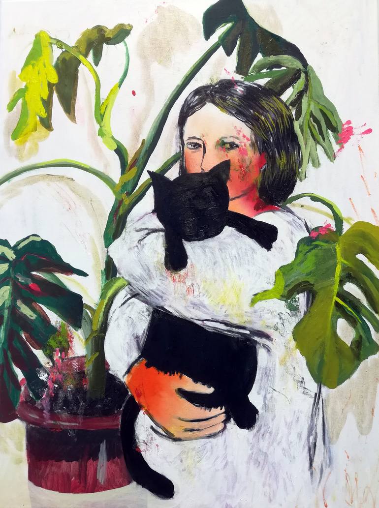 Girl with a cat Painting by Hanna Ilczyszyn | Saatchi Art