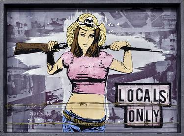 Locals Only - Mixed Media Painting - Sexy Girl With Gun - Barbed Wire - Wooden Frame Ready To Hang thumb