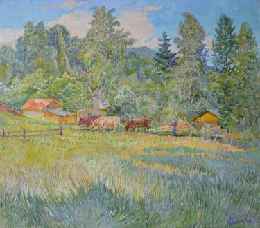 Sunny day of June -original oil painting impressionism art decor home decor gift idea, green sunny rural landscape thumb