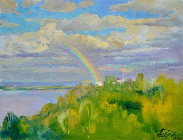 Сolorful skies – Fresh oil painting with a rainbow on the sea coast thumb