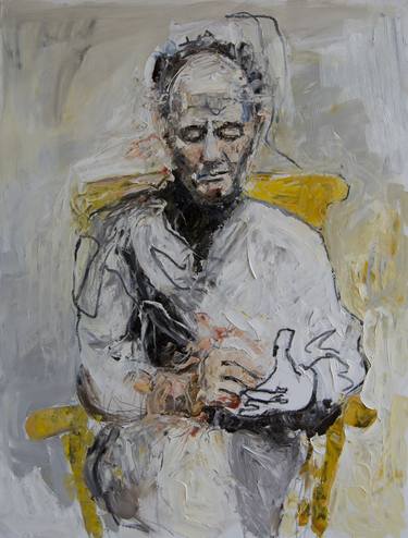 Frank Auerbach on a yellow chair in his studio thumb