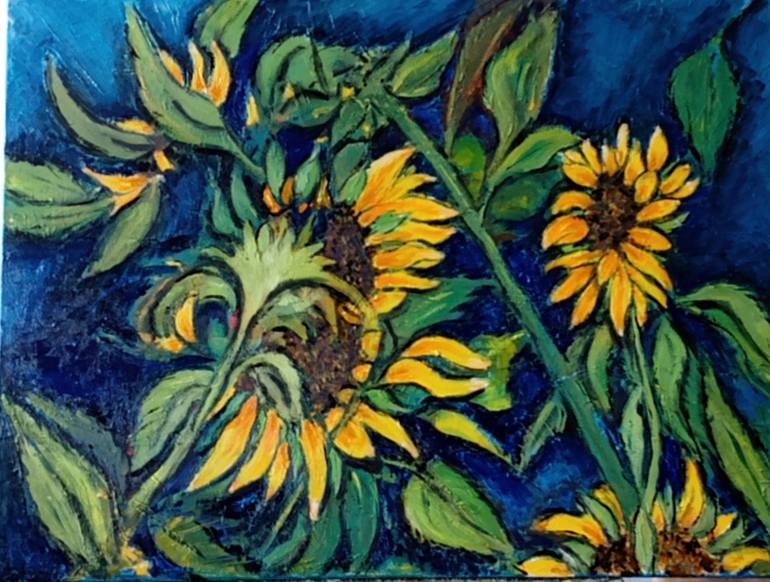 Original Floral Painting by Margriet Van Hees | Figurative Art on Canvas | sunflowers,blue sky.