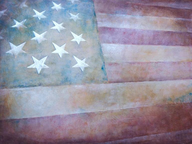 Original Politics Printmaking by Victoria Primicias | Contemporary Art on Wood | "New American" Rustic Flag Wall Art