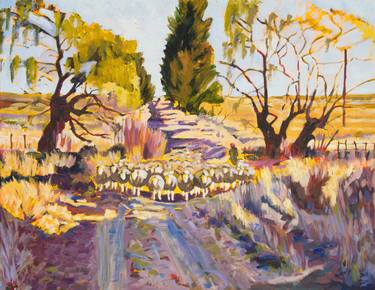 Sheep and Shepherd at Sunset oil painting Bertram Poole thumb