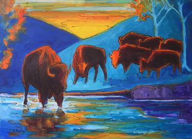 Bison Turquoise Hill Sunset acrylic and ink painting Bertram Poole thumb