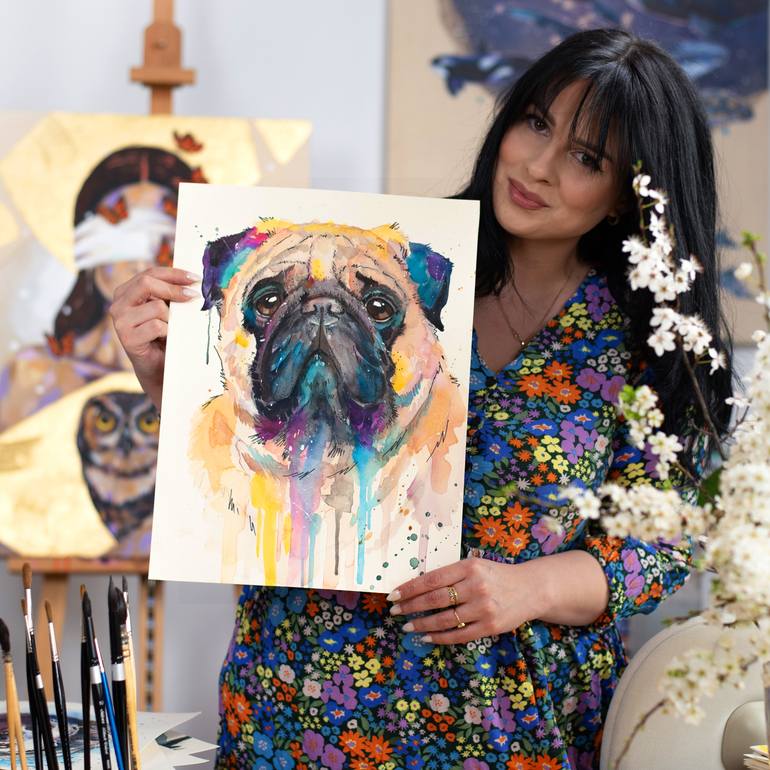 Original Illustration Dogs Painting by Slaveika Aladjova