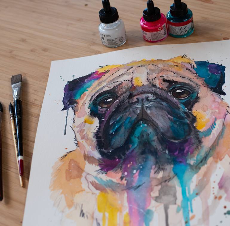 Original Illustration Dogs Painting by Slaveika Aladjova