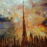 This cityscape of Dubai came about after a lot of experimentation with knife painting and pure color. It has the skyline done in gold liner and filled in with glass paint, so that there are various textures with gloss and matt.