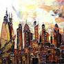 This cityscape of Dubai came about after a lot of experimentation with knife painting and pure color. It has the skyline done in gold liner and filled in with glass paint, so that there are various textures with gloss and matt.