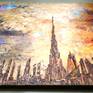 This cityscape of Dubai came about after a lot of experimentation with knife painting and pure color. It has the skyline done in gold liner and filled in with glass paint, so that there are various textures with gloss and matt.