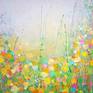 In celebration of the beautiful June we have just experienced in Kent. The warm breezes and blues skies alongside the fresh yellow and green landscape have inspired this painting.
I love to use palette knives, brushes, to drop paint and use lots of very thin water color like layers to build up a rich textured surface on my canvasses.
This 90x30cm canvas is unframed. It has white painted edges and is strung with picture cord ready to hang.