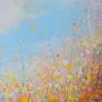 Winter skies and sharp bright light and colour is very appealing in January where I live in rural Kent. This large painting is inspired by that feeling in the air and those colours.
I have used palette knives, rags, and a variety of brush types to create a rich textured surface on the canvas. using top quality acrylic paints I can have many washes of colour and lots of intense marks too.
This unframed 110x110cm canvas has white painted edges, it is strung with picture cord and ready to hang.