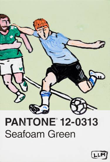 Soccer Players on Pantone 12-0313 Seafoam Green Postcard thumb