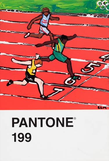 Sprinters on Pantone 199 Vibrant Red Postcard Original thumb