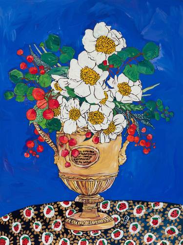 Wimbledon Cup Bouquet with Matilija Fried Egg Flowers Painting thumb