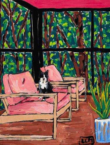 Tuxedo Cat on Pink Midcentury Chair in High Windowed Garden Room thumb