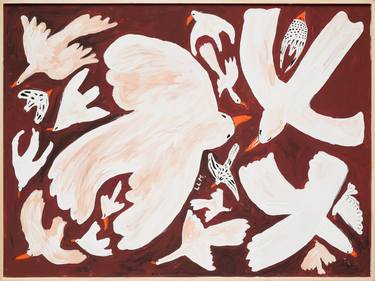 White Birds in Flight on Rust Brown Background Original Folk Art thumb