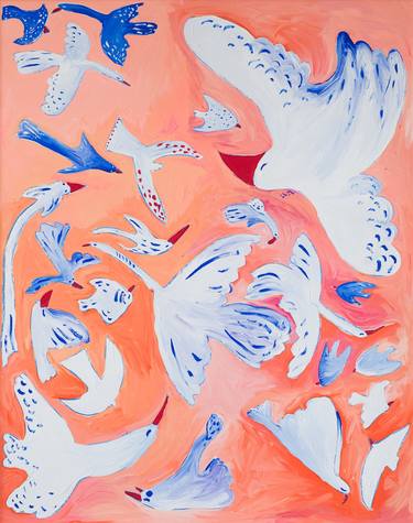 Birds in Flight in White, Blue, Orange Original Framed Painting thumb