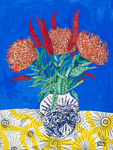 Pincushion Protea Bouquet in Lion Vase on Blue Original Painting thumb