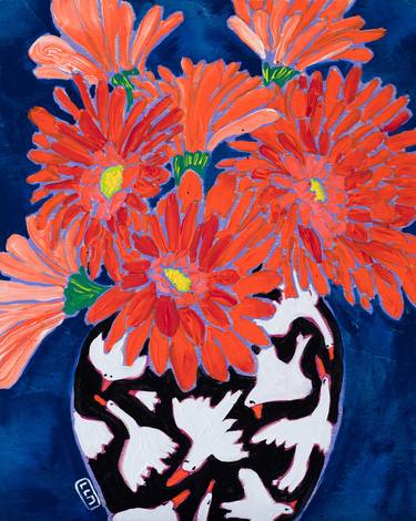 Orange Gerber Daisy Bouquet Maximalist Painting on Dark Blue thumb