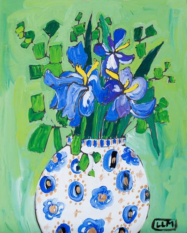 Iris Bouquet in Floral Delft Vase on Green Maximalist thumb
