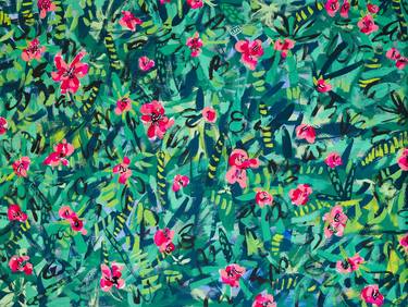 Rhododendron Hedge Modernist Painting in Pink and Green thumb