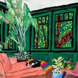 Sleeping Tuxedo Cat in Pink and Kelly Green Veranda SALE Painting by Lara Meintjes