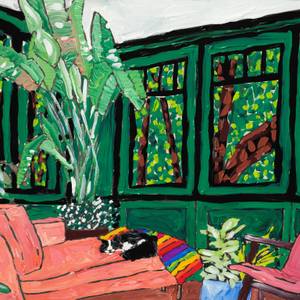 Sleeping Tuxedo Cat in Pink and Kelly Green Veranda SALE Painting