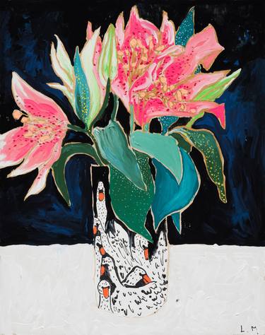 Pink Lilies in a Swan Vase, Flower Portrait thumb