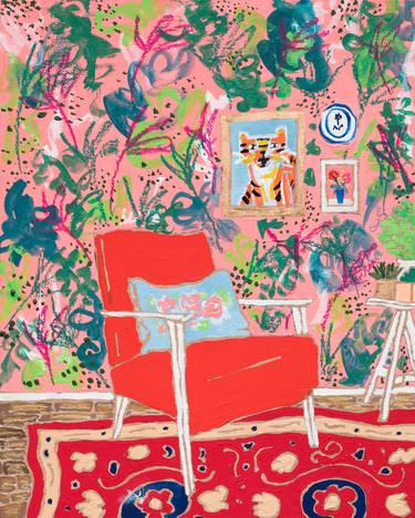 Red Chair - Portrait of a Red Mid-Century Chair In Pink Jungle Print Interior with Persian Rug thumb
