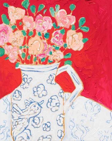 Bird Pitcher: Still Life on Red with Pink Flowers in a Delft Blue and White Jug, After Matisse thumb
