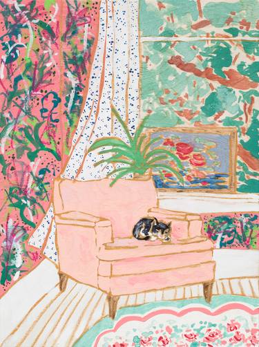 Pink Floral Interior with Napping Cat thumb