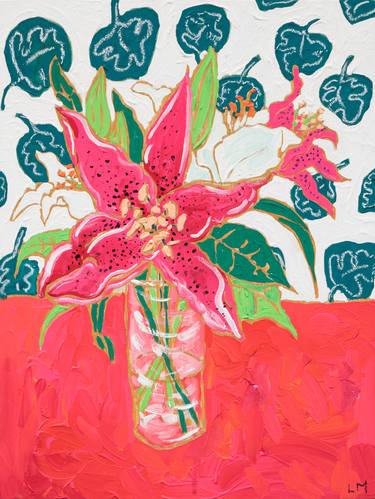 Tropical Pink and White Lilies in Glass with Matisse Inspired Wallpaper thumb