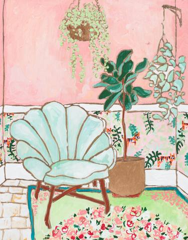 Jungle Room - Mint Green Velvet Art Deco Shell Chair in Warm Pink Interior thumb